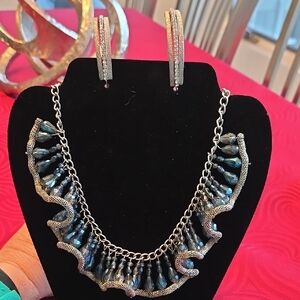 Elegant Silver and Blue Ribbon Necklace and Earring Set